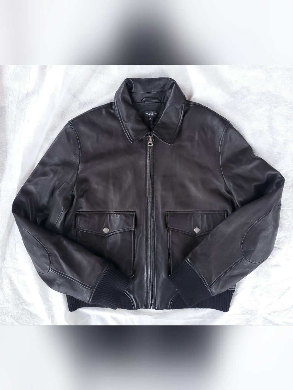 Rag & Bone Cropped Black Lamb Leather Bomber Jacket | Large